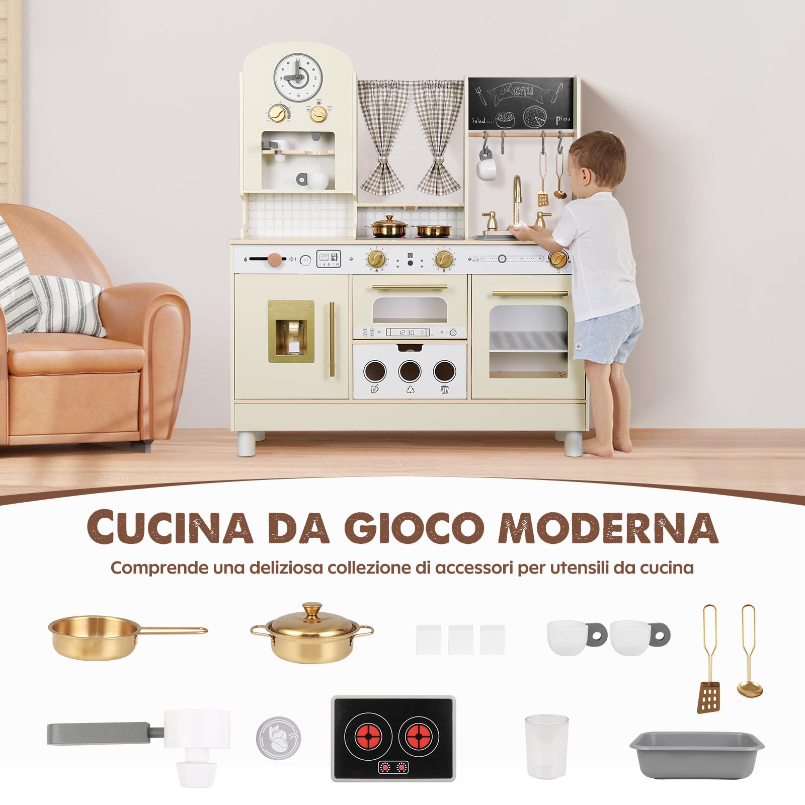 EDUBEBO Set da cucina per bambini, regolabile in altezza, viene fornito con vari accessori da cucina, giochi di ruolo per bambini dai 3 agli 8 anni (bianco)