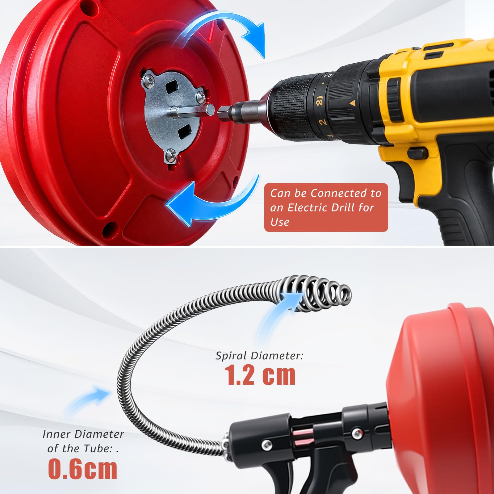 Rohrreinigungsspirale 10M, Automatische Zuführung Abflussspirale | mit Automatischer Drahtzuführung und Bohraufsatz, Spirale für Waschbecken, Bad, Küche, Mechanische Rohrreinigung