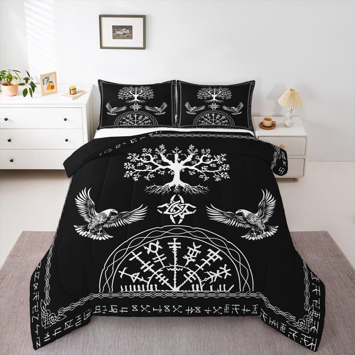 Feelyou Kids Black Viking Sacred Tree Bedding Set King Size, Boho Comforter Set Boys Girls Tree of Life Duvet Insert Teens Bedroom Decor Bed Set 3Pcs