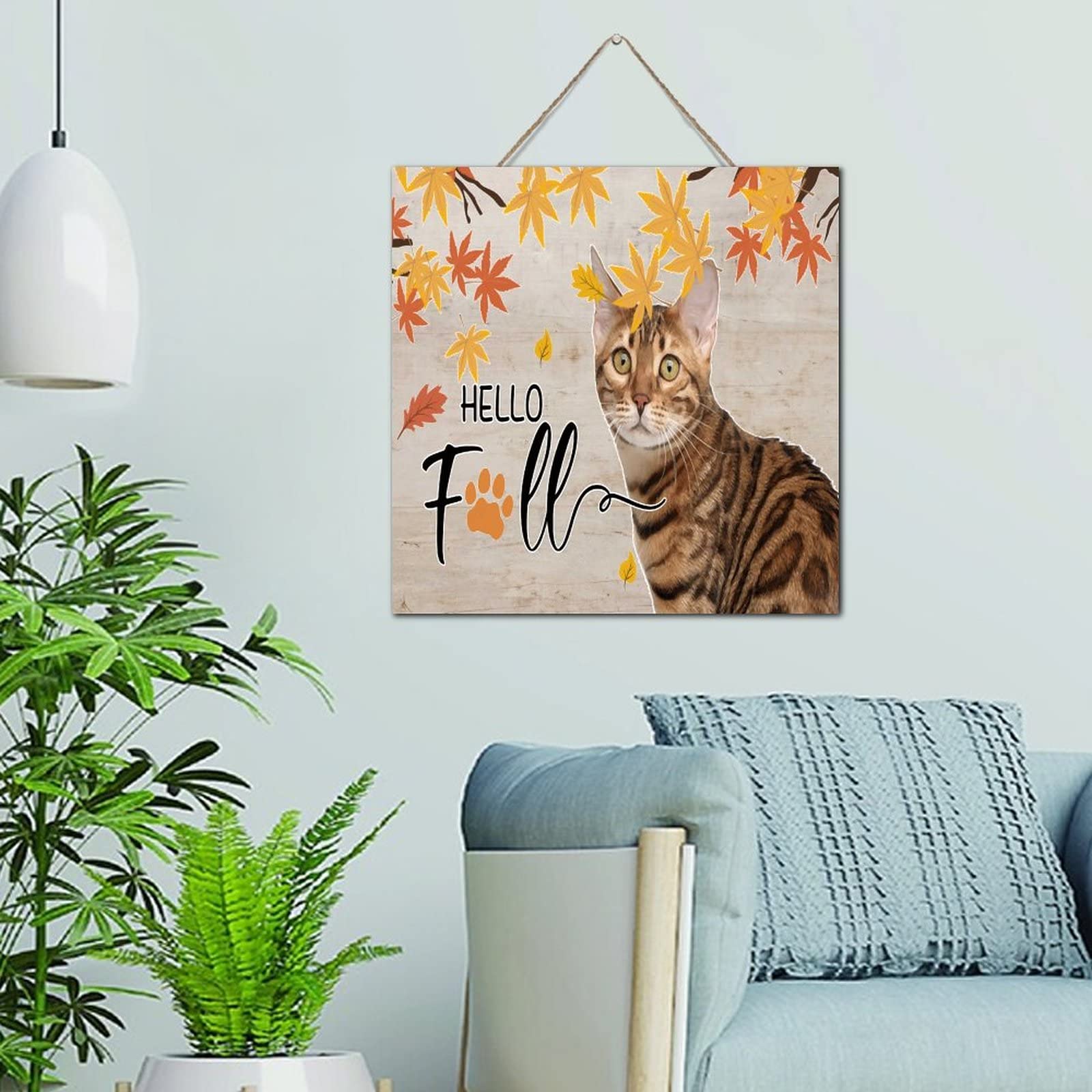 Décoration murale à suspendre Hello Fall : panneau bois chat et feuilles d'érable 30x30 cm
