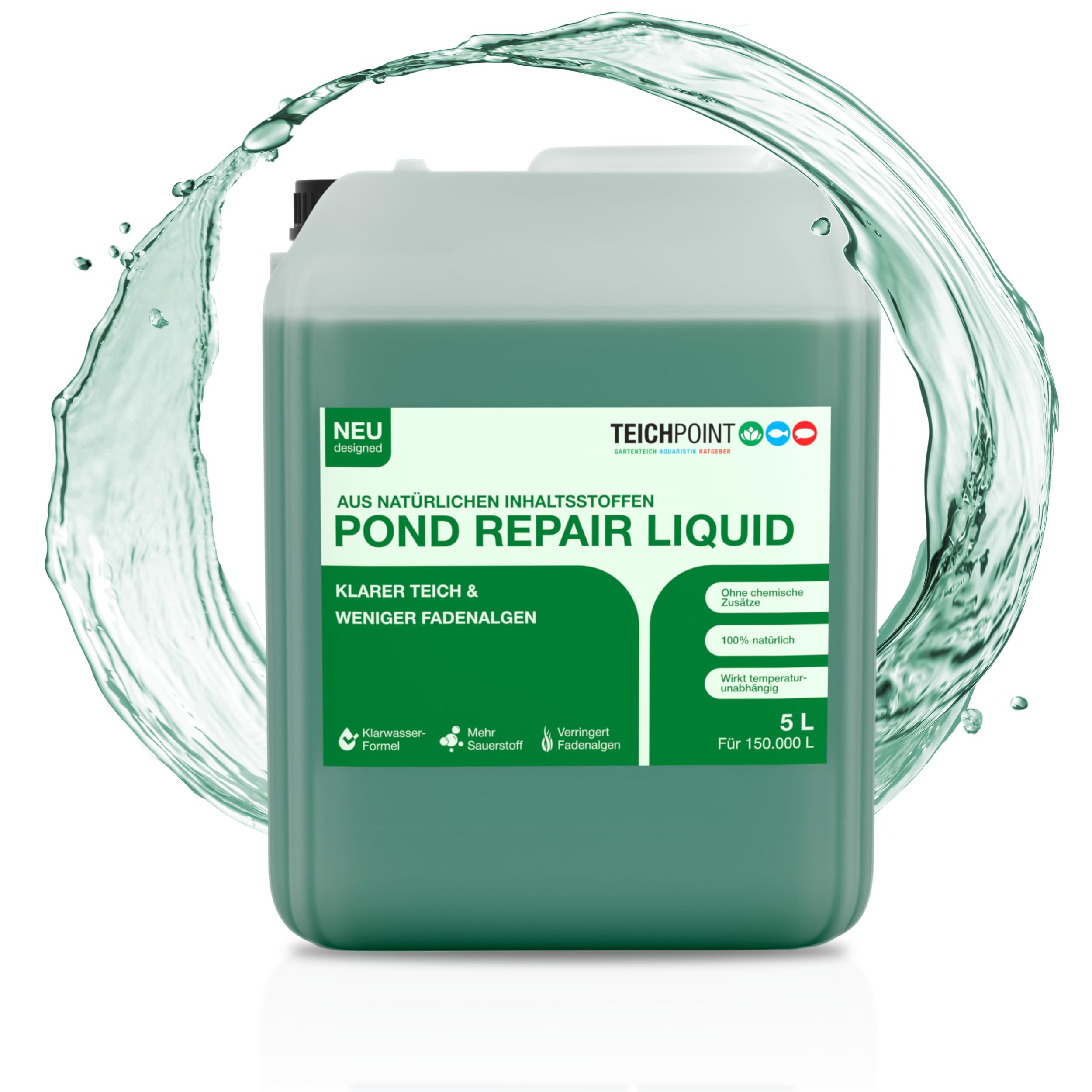 Teichpoint Pond Repair Liquid (5 Liter) | Entfernt Fadenalgen auf biologische Weise im Garten- und Koiteich | Algenfreies Teichwasser | Reichweite 150.000 Liter