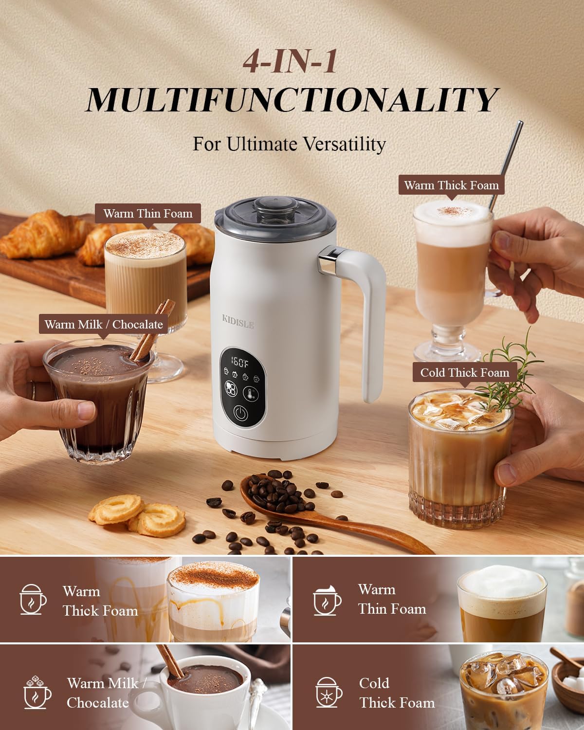 KIDISLE Milk Frother and Steamer 4 in 1, Milk Steamer with Auto Temperature Control, Warm & Cold Foam Maker, Hot Chocolate Maker, Frother for Coffee, Latte, Cappuccino, White