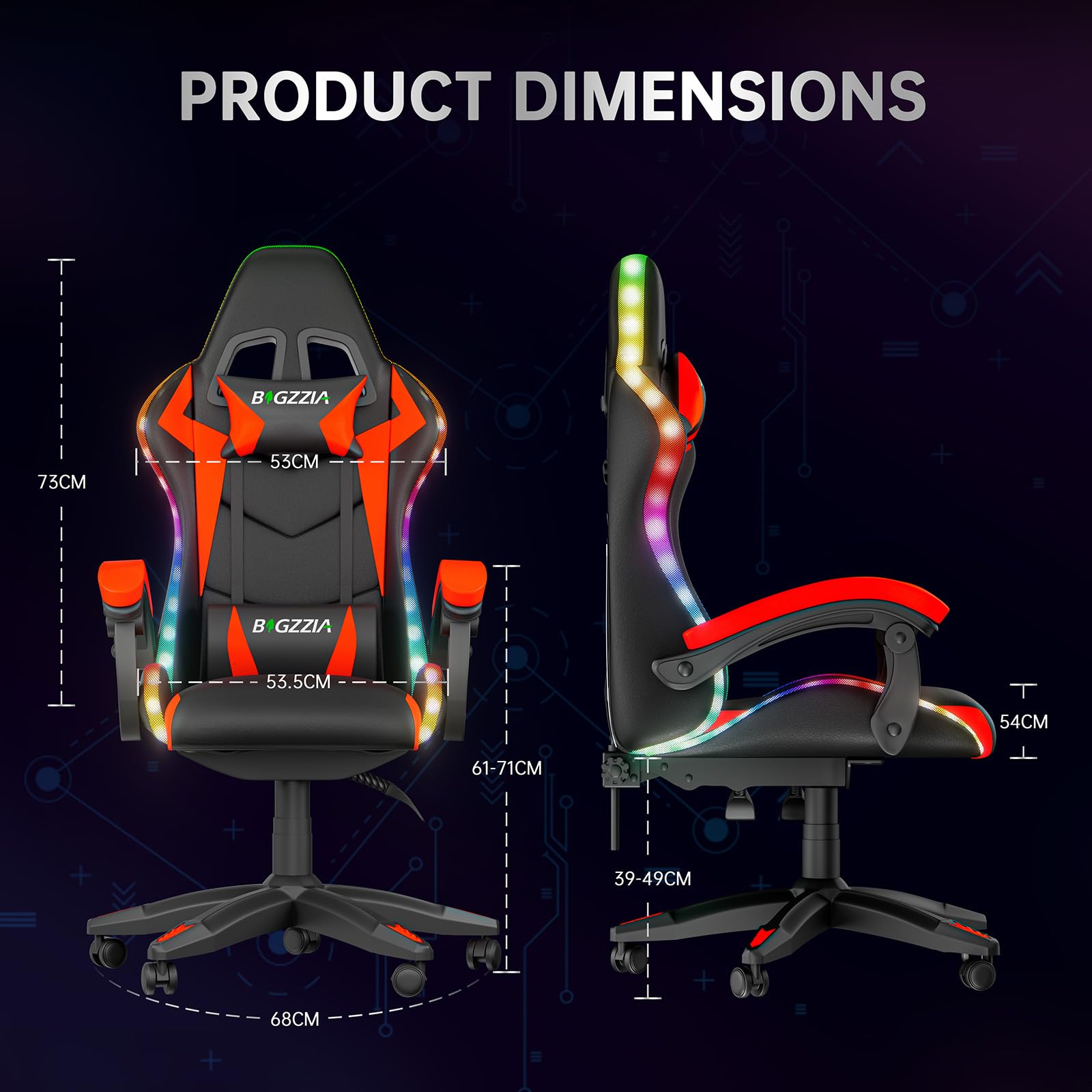 Silla para videojuegos con iluminación LED, silla ergonómica con luz RGB, reposacabezas ajustable y soporte lumbar, piel sintética, silla de oficina, altura e inclinación ajustable (negro y rojo)