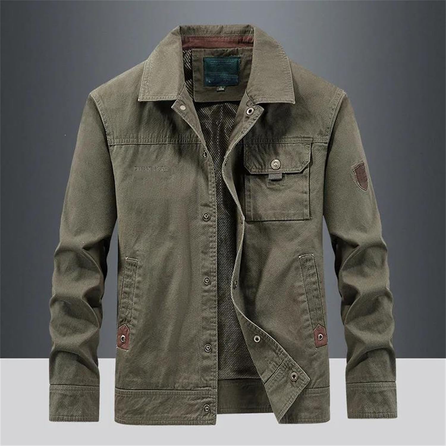 Men's Spring Lapel Collar Long-Sleeve Army Jacket Casual Loose-Fit Work Top Outerwear