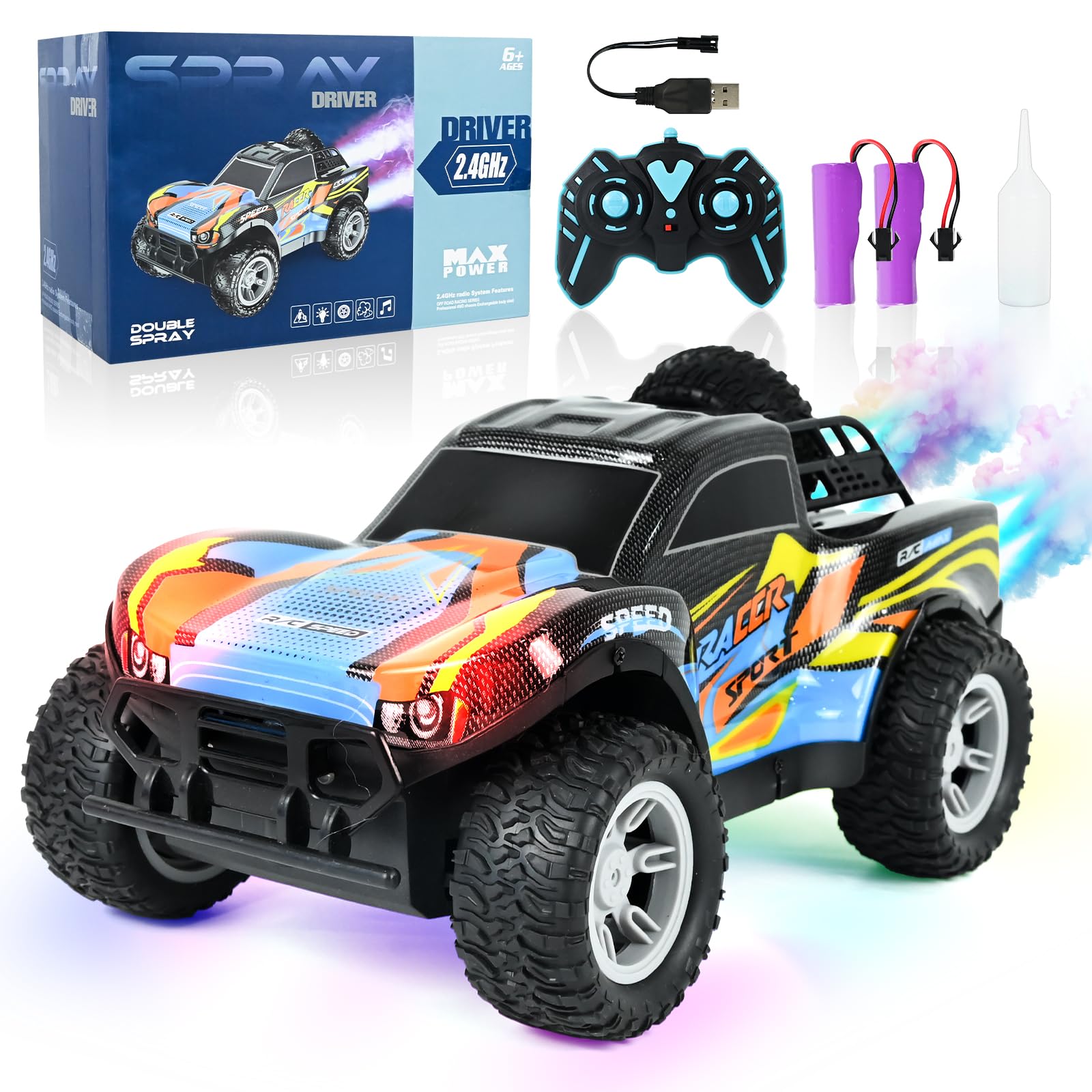 HERMORRYSS Macchina Telecomandata, 1:16 Macchina Radiocomandata con Luce a 7 Colori/Spray, 2,4 GHz Auto RC, 2 Batterie, Monster Truck Telecomandato, Giocattolo da Corsa per Bambini e Ragazzi (Blu)