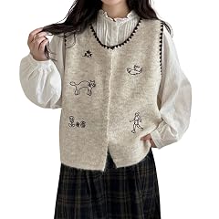 Chevara Womens Cartoon Embroidered Sweater Vest Cute Crewneck Sleeveless Button Down Knitted Crop Waistcoat Tops