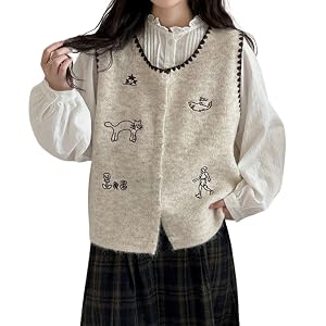 Chevara Womens Cartoon Embroidered Sweater Vest Cute Crewneck Sleeveless Button Down Knitted Crop Waistcoat Tops