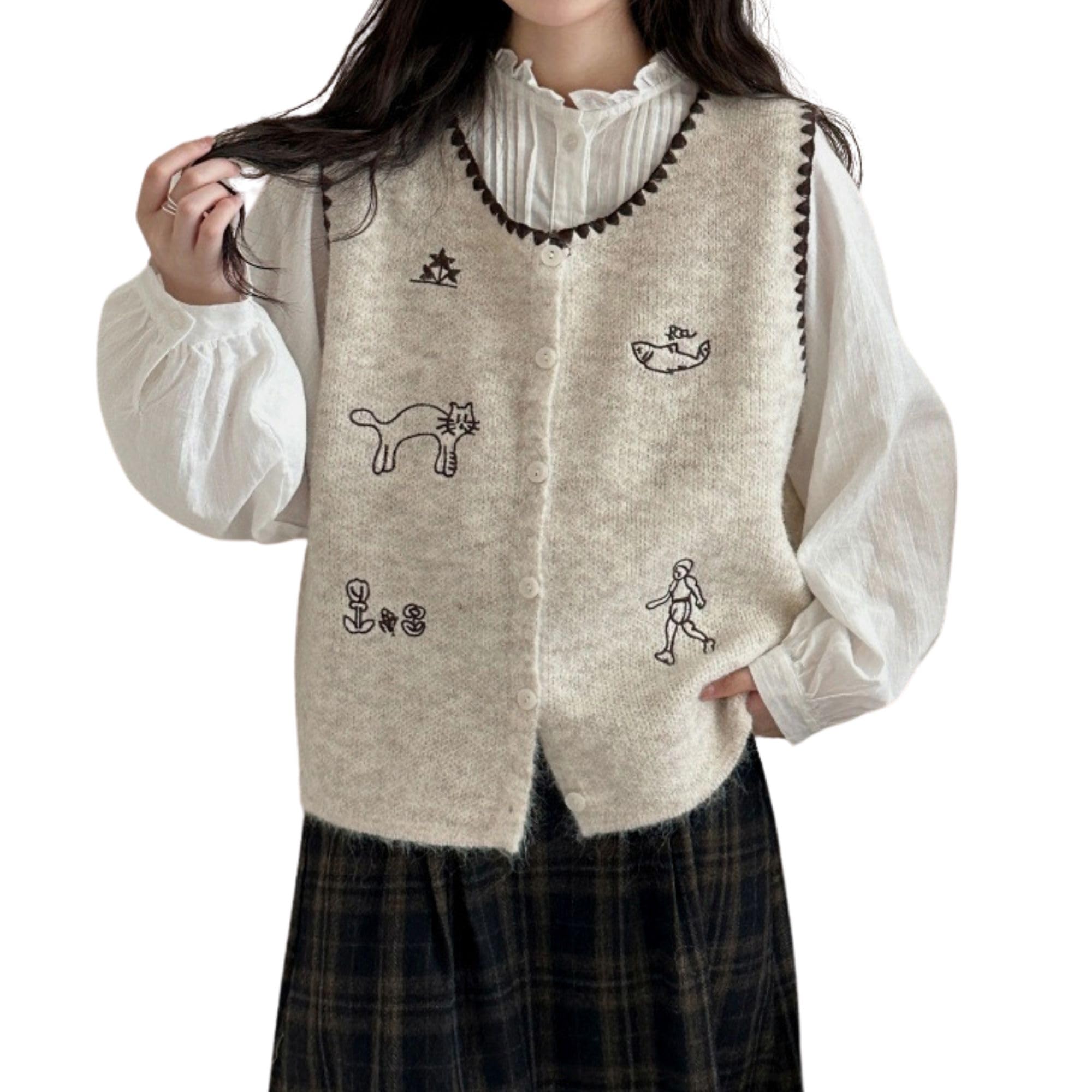 Chevara Womens Cartoon Embroidered Sweater Vest Cute Crewneck Sleeveless Button Down Knitted Crop Waistcoat Tops
