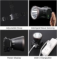 Vista 2 de Linterna de cabeza superbrillante Amkulop, linterna de cabeza recargable USB C con pantalla LCD de potencia, faro impermeable para la frente, sensor