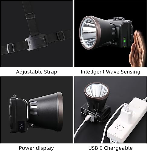 Miniatura 2 de Linterna de cabeza superbrillante Amkulop, linterna de cabeza recargable USB C con pantalla LCD de potencia, faro impermeable para la frente, sensor