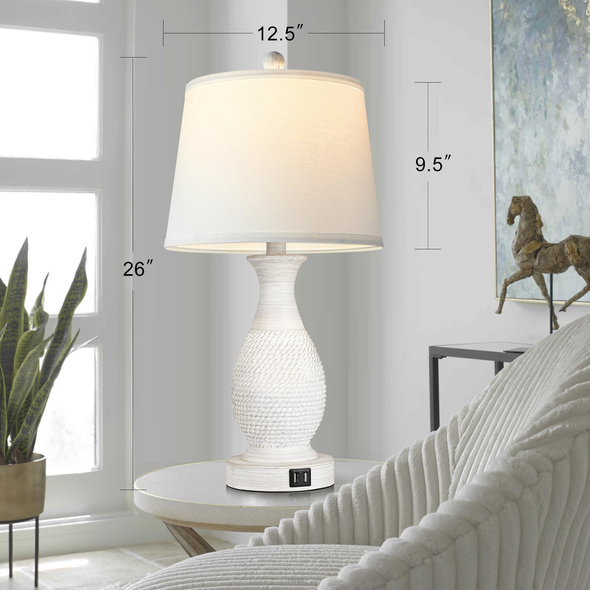 PARTPHONER 2er Set Tischlampe mit USB Port, 66cm Länge Bauernhaus Wohnzimmer Lampe, 3-Wege Dimmbare Nachttischlampe, weißer Stoffschirm für Wohnzimmer, Schlafzimmer, Zuhause, Büro