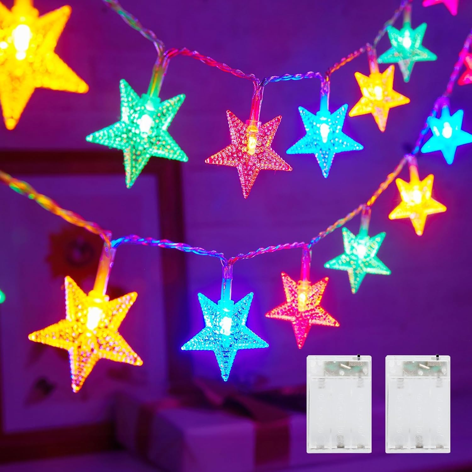 Minetom Star String Lights Battery Operated - 2 Pack 17 ft 50 LED Star Fairy String Lights with Timer, Waterproof for Indoor Bedroom Tent Loft Bed Patio Party Wedding Decor, Warm White