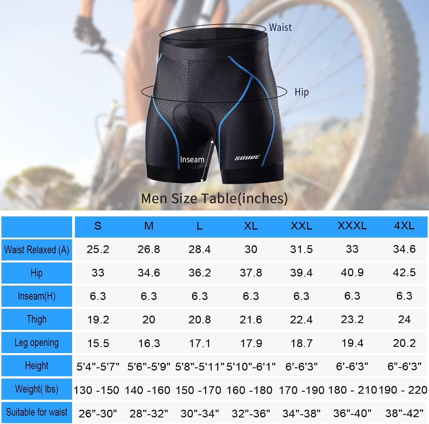 Souke Sports Men's Cycling Underwear Shorts 4D Padded Bike Bicycle MTB Liner Shorts with Anti-Slip Leg Grips : Clothing, Shoes & Jewelry