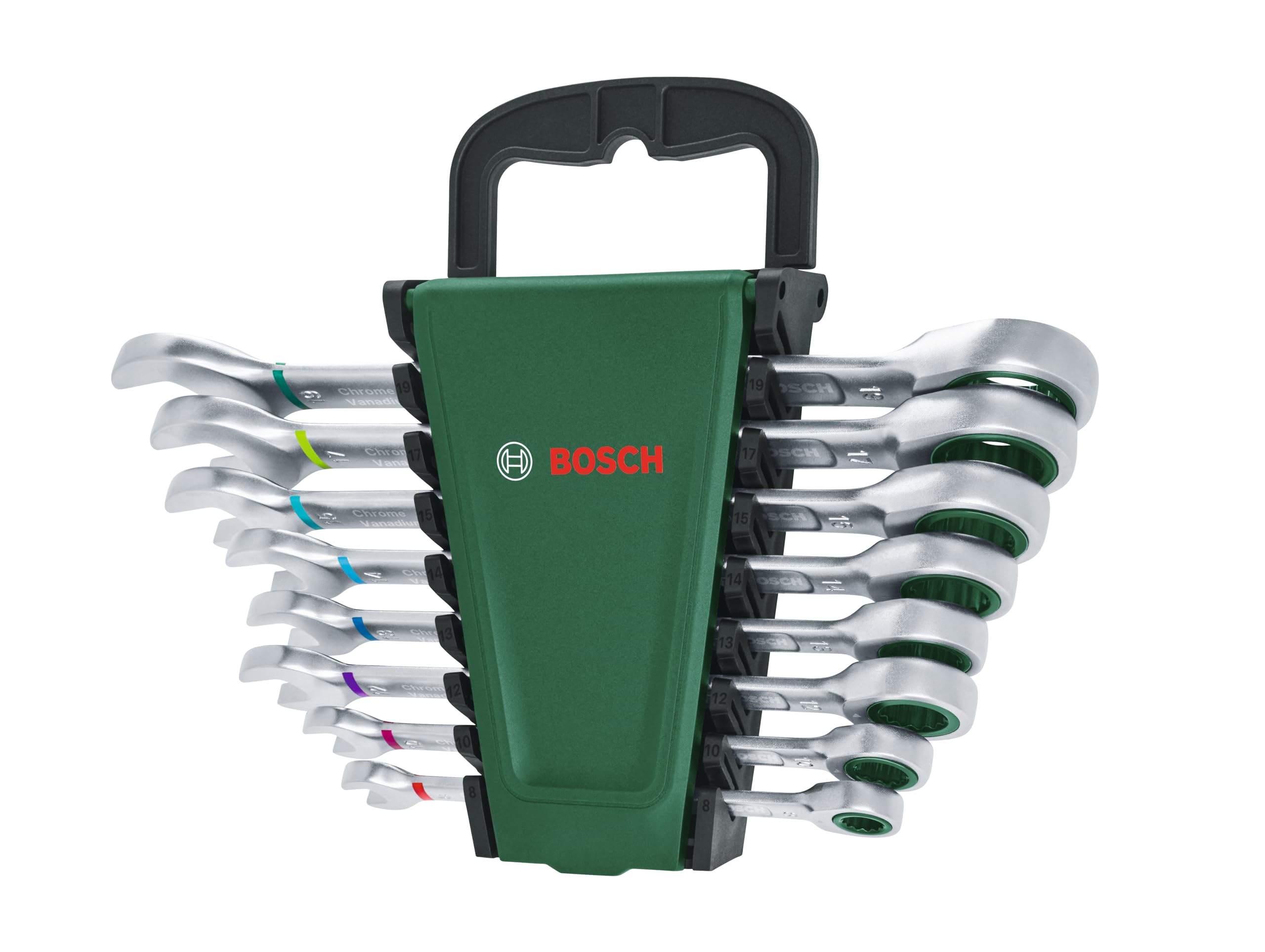 Bosch Set di chiavi combinate a cricchetto da 8 pz. (prestazioni eccellenti e massima praticità; di alta qualità e resistenti alla ruggine; indicazione delle dimensioni con codifica cromatica)