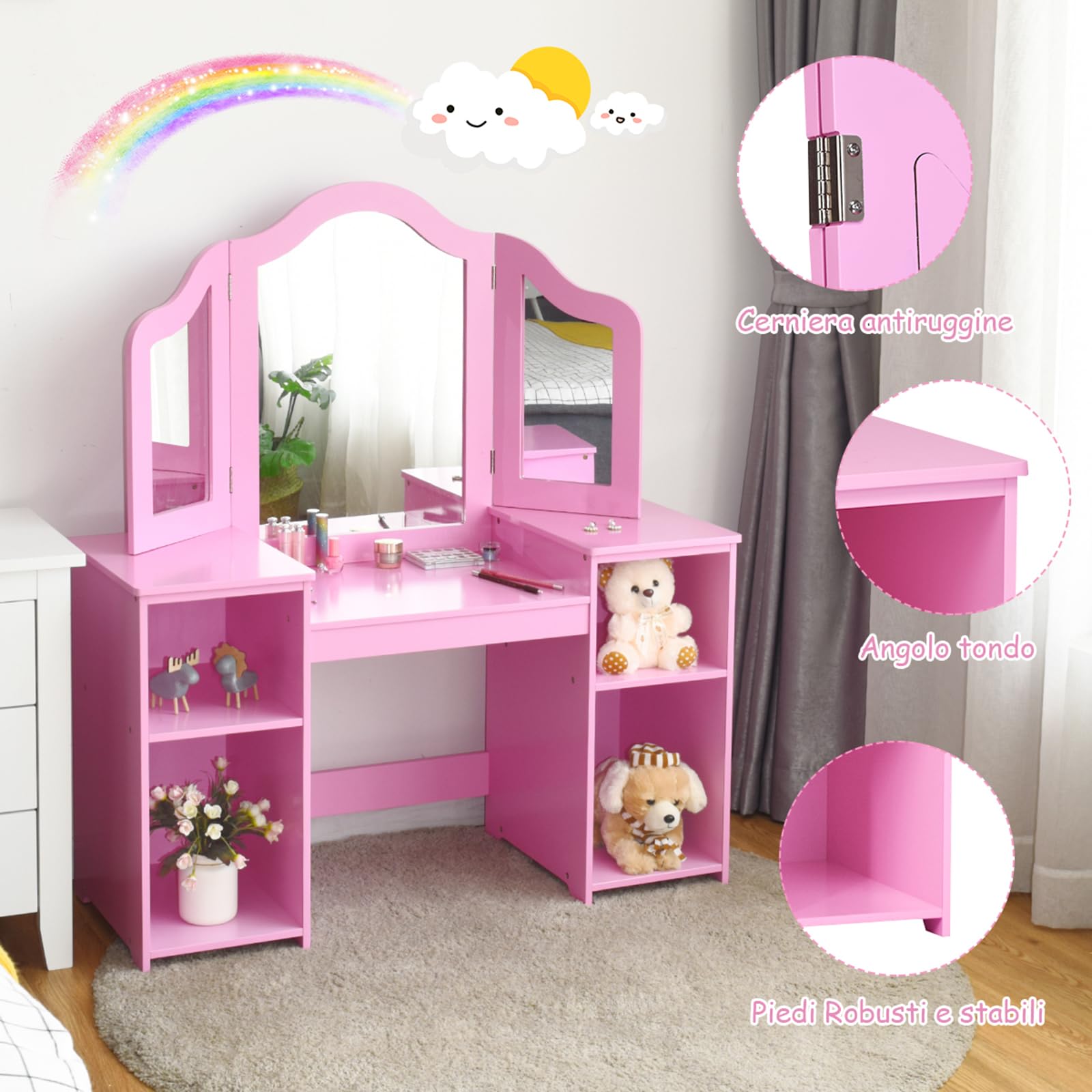 COSTWAY Toeletta Trucco per Bambina, Specchiera per Ragazzi in Legno Robusto, Postazione Trucco 2 in 1 con 4 Mensole e Specchio (Rosa)