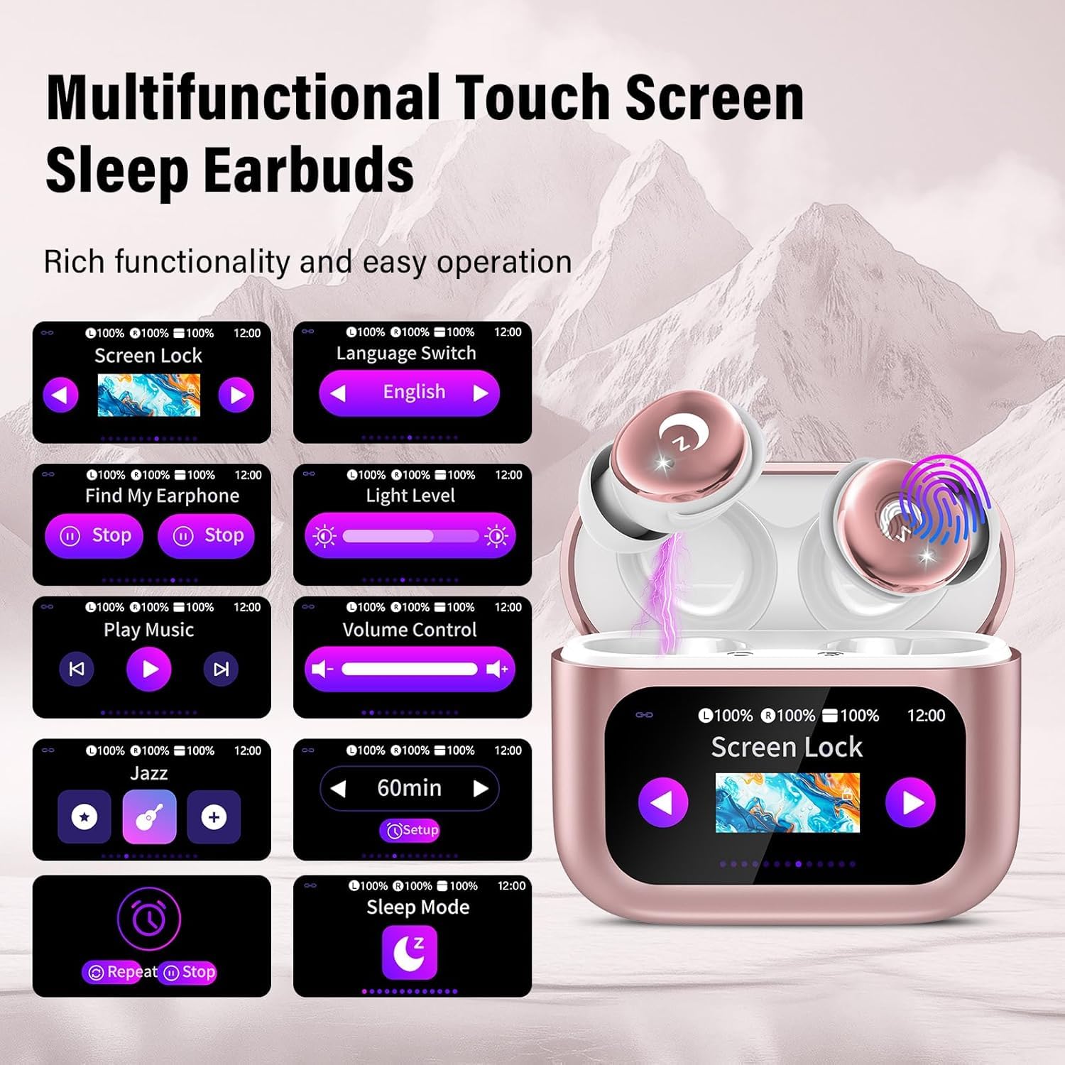Cuffie Bluetooth, mini cuffie per dormire, 48 ore, Bluetooth 5.4 con touchscreen, 2026, senza fili, con cancellazione del rumore ENC, auricolari IPX7, bassi profondi, polvere di rosa