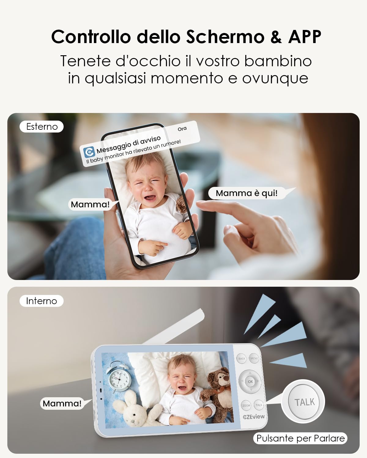 CZEview 5,5" 2.5K Baby Monitor Video e Audio, Luce Notturna & Musica, Telecamera Bambini, Controllo Tramite APP Mobile & Monitor (Blu)