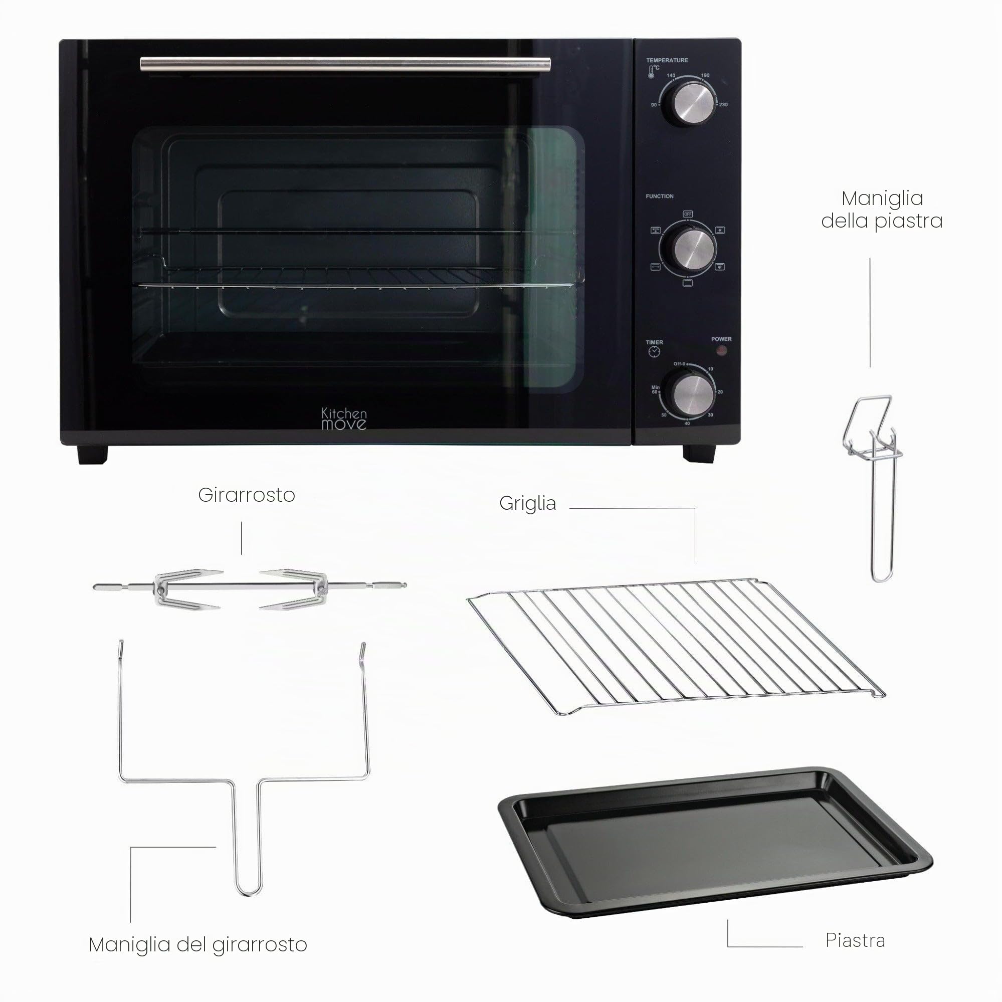 Arizone Forno multifunzione da 22 l, con girarrosto e grill, 1300 W, 5 programmi di cottura, con timer e accessori, nero