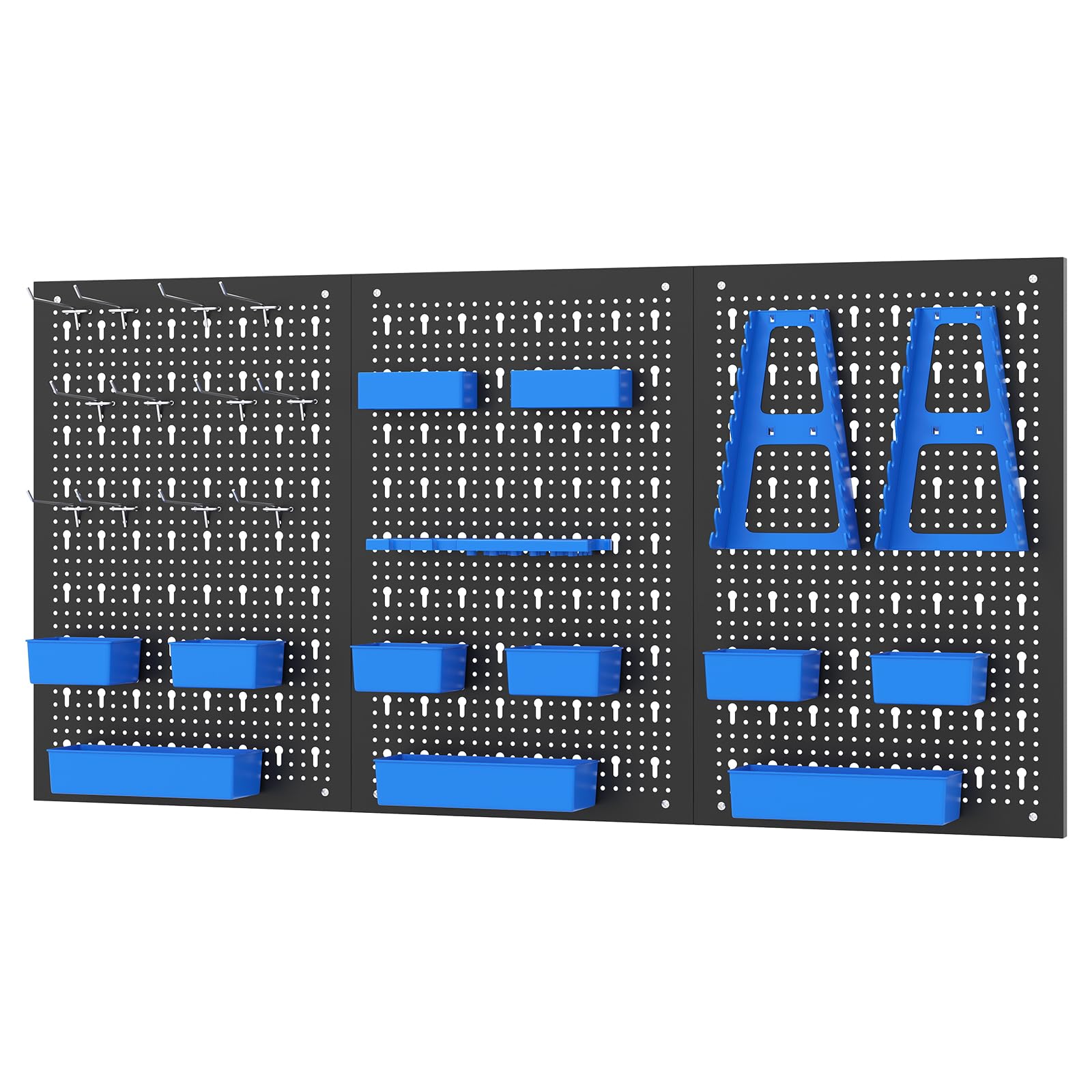 TANGZON Pegboard Organizer Kit, Wall-Mounted Metal Tool Rack with 3 Pegboards & Hanging Accessories, Multifunctional Tool Storage Holder for Warehouse Workshop Garage (Black+Blue, 26PCS Accessories)
