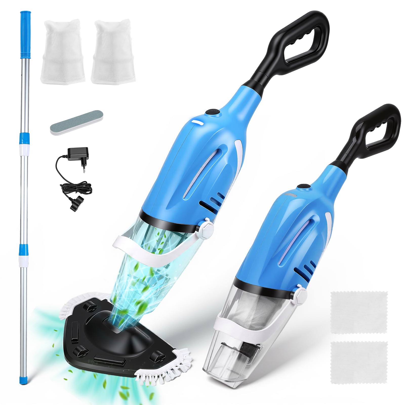 Potente Aspirapiscina con Batteria, Aspiratore Piscina Ricaricabile, Aspirazione 40L/min, Asta Telescopica 131–199cm, 2 Filtri Forte Aspirazione per Piscine, Vasche, Spa