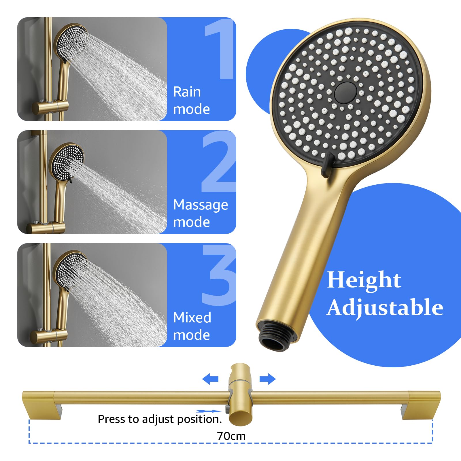 Badewannenarmatur Mit Handbrause, 90° Drehbaren Auslauf | Badewannenarmatur Gold, Badewanne Armatur aus Messing, Inkl 3 Funktionen Handbrause, 150cm Brauseschlauch