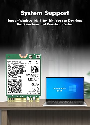 Vista 6 de Tarjeta inalámbrica WiFi 6E Intel AX210 NGW Bluetooth 5.3 Tri-Band 5400Mbps adaptador de red para portátil compatible con Windows 10/11 (64 bits)