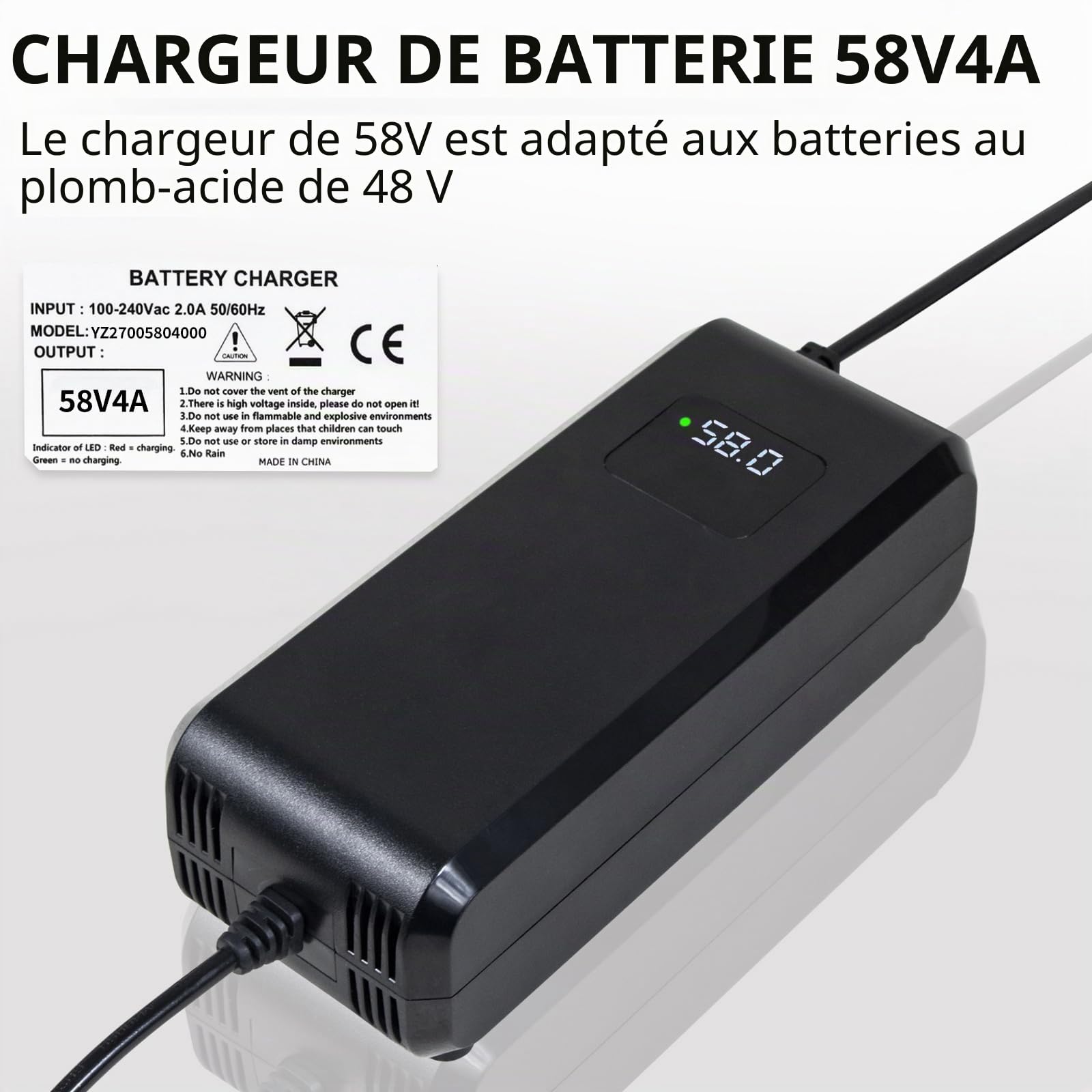 Chargeur de batterie au plomb acide 48 V 4 A, chargeur intelligent avec écran de tension en temps réel pour scooter de mobilité et fauteuil roulant, charge sûre (connecteur à 3 broches type PC)
