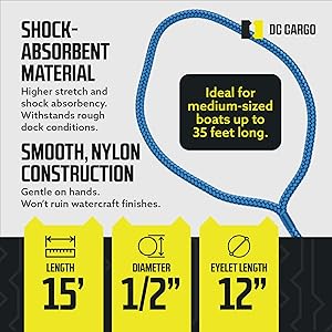 DC Cargo Mall Boat Dock Lines (2 Pack) 1/2 X 15' Double Braided Boat Ropes for Docking with 12" Eyelet. Marine Grade Nylon Material & Damage Resistant Line Fibers for Secure Docking