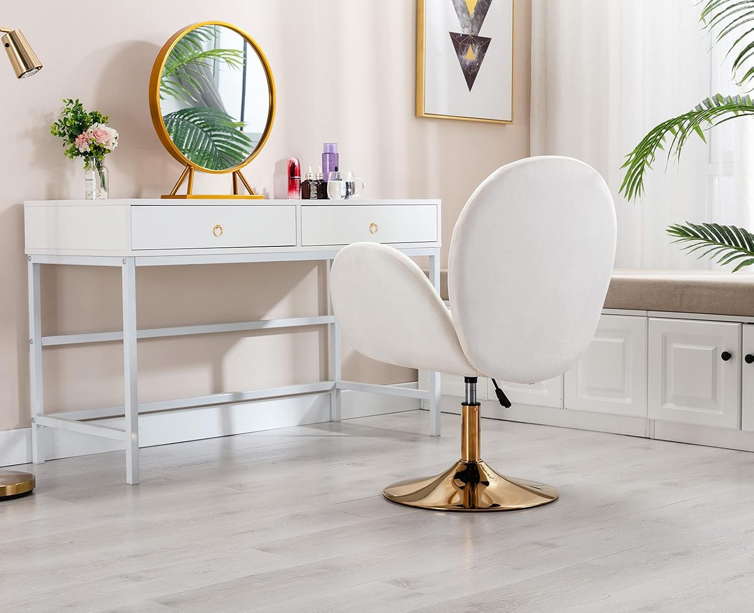 Loungesessel Höhenverstellbar 360°Drehbar Sessel, Schminkstuhl Drehstuhl Polsterstuhl mit goldenem Sockel aus Samt für Schlafzimmer Wohnzimmer Schminktisch, Beige