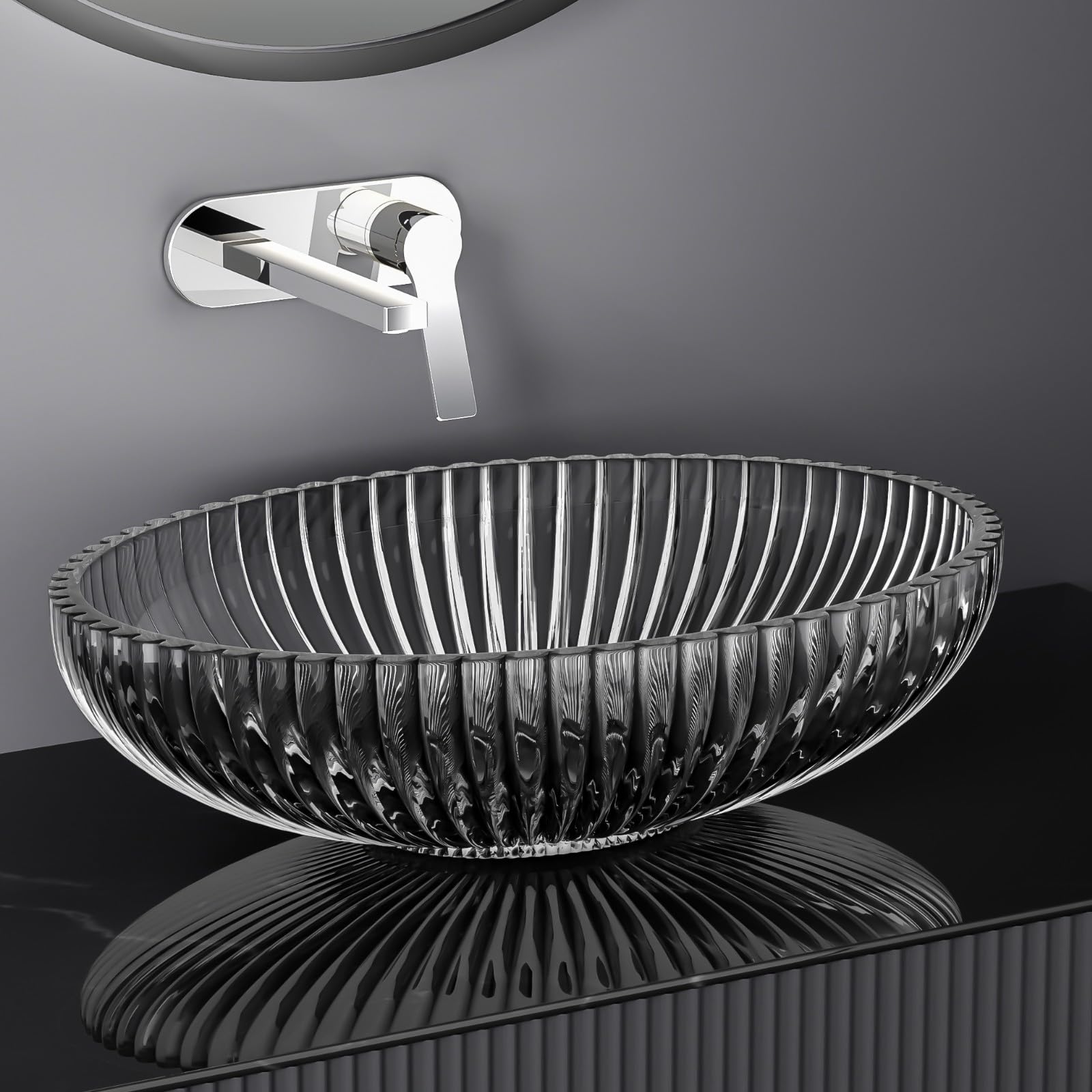 EMKE Vasque à Poser Ovale en Verre Cristal 51 x 35 x 15 cm, Noir Mat | Grand Lavabo Effet Diamant Ciselé, Bol en Verre Trempé pour Meuble Double Vasque de Salle de Bain(Robinet Non Inclus)