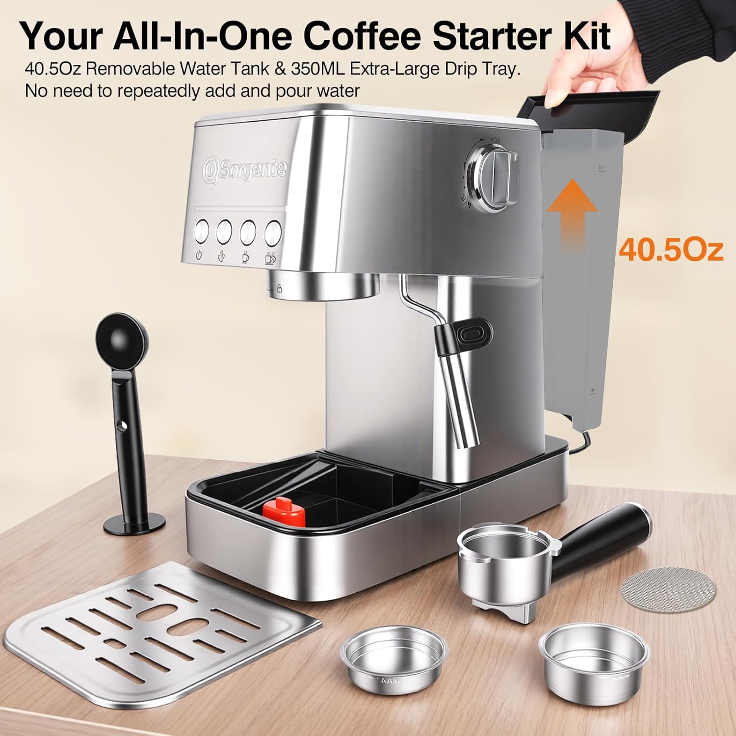 Sorgente Espresso Machine 20 Bar, Stainless Steel Coffee Maker with Milk Frother, 1350W with Fast-Heating System, Innovative Coffee Grounds Filter, Espresso Machines for Home Barista