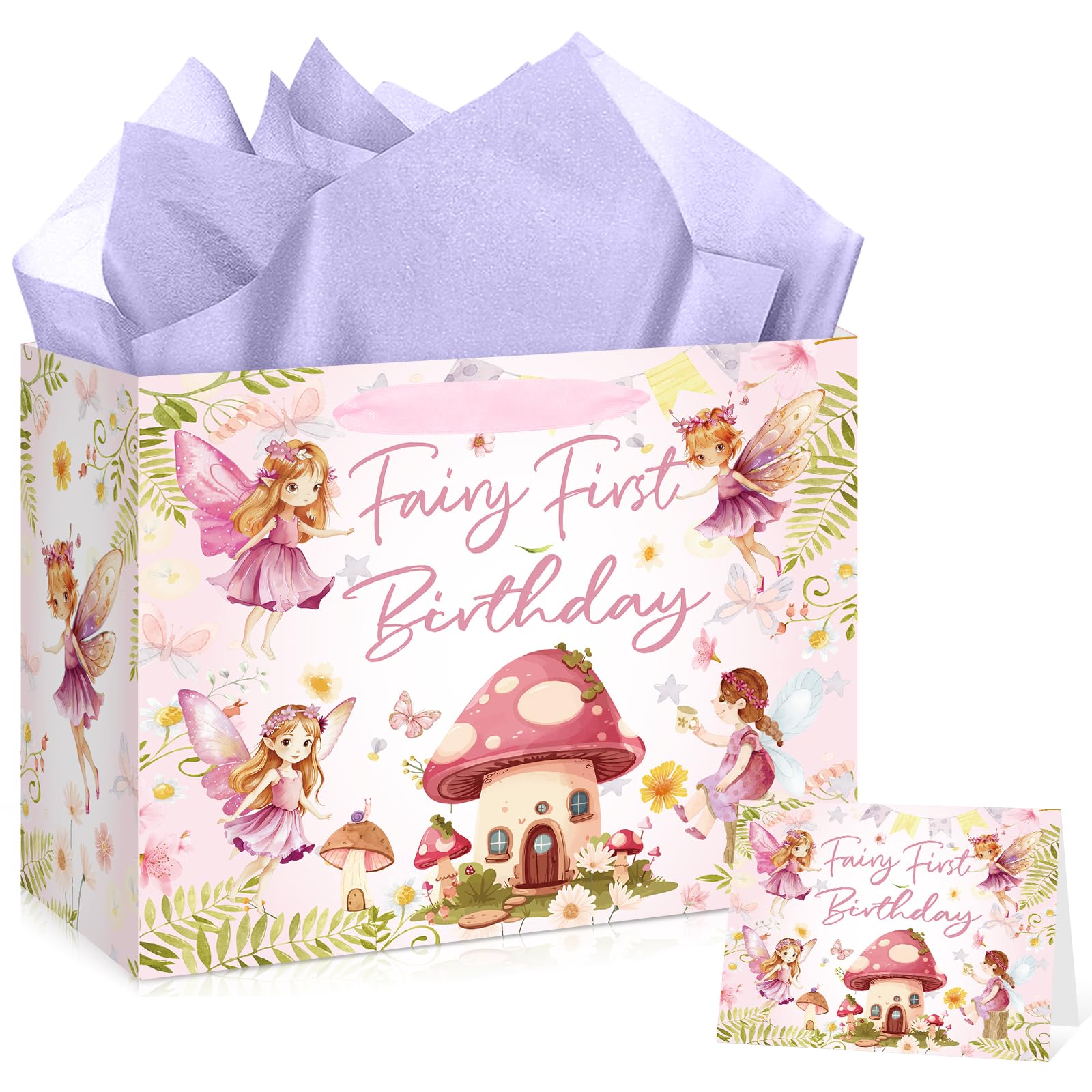 Fairy First Birthday Gift Bag with Card & 3 Sheets Purple Tissue Paper, Whimsical Enchanted Garden Mushroom Present Bag for Girls, Large Luxury 1st Birthday Wrap for Toddlers