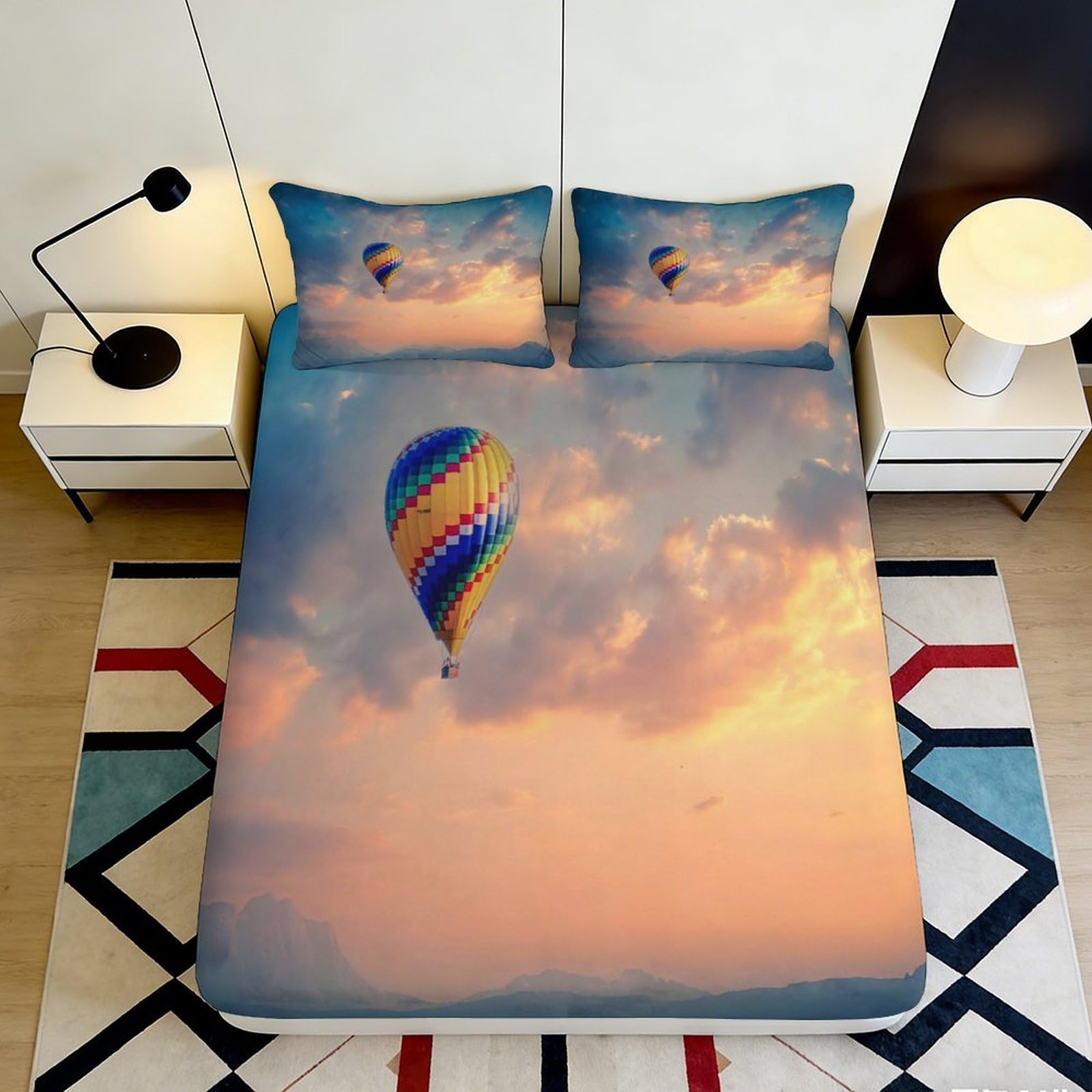 3D Printed Hot Air Balloon Sunset Fitted Sheet Microfiber Soft Breathable Sky Mattress Cover Bedroom Decor 90x200x25cm