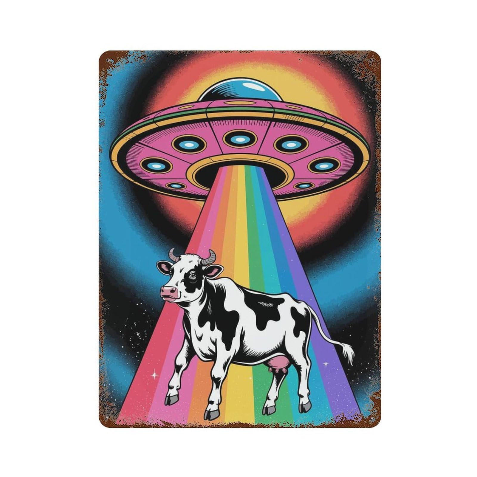 Garage Style Cow Abduction by UFO with Rainbow Beam Rusty Metal Tin Sign 15.7"x11.8", Farmhouse Wall Decor for Bar And Workshop