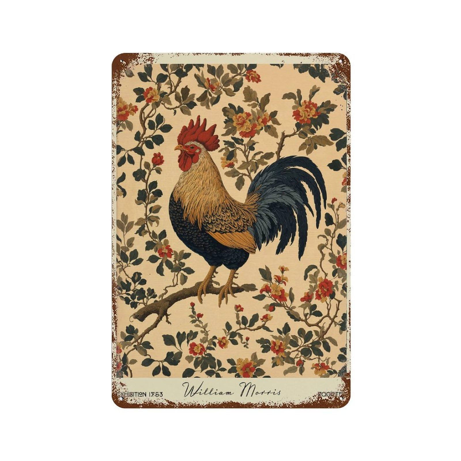 William Morris Rooster Floral Weathered Tin Sign 11.8"x7.9", Industrial Home Decor for Basement, Hobby Room And Garage Decor
