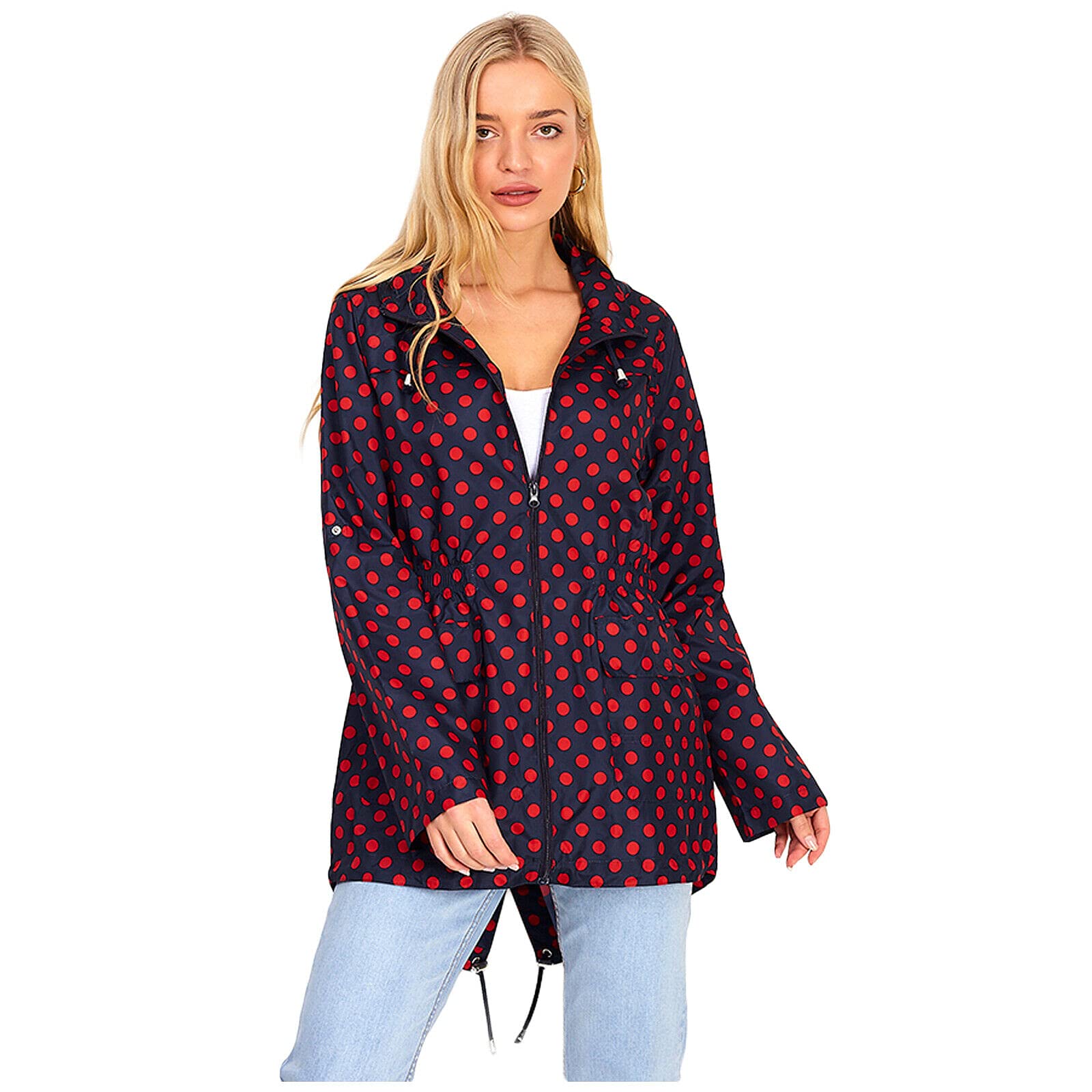 MyShoeStore Ladies Women Rain Mac Raincoat Showerproof Fishtail Cagoule Kagool Kagoul KAG Festival Parka Jacket Hooded Lightweight Shower Proof Rain Coat (Polka Dots Red, UK12)