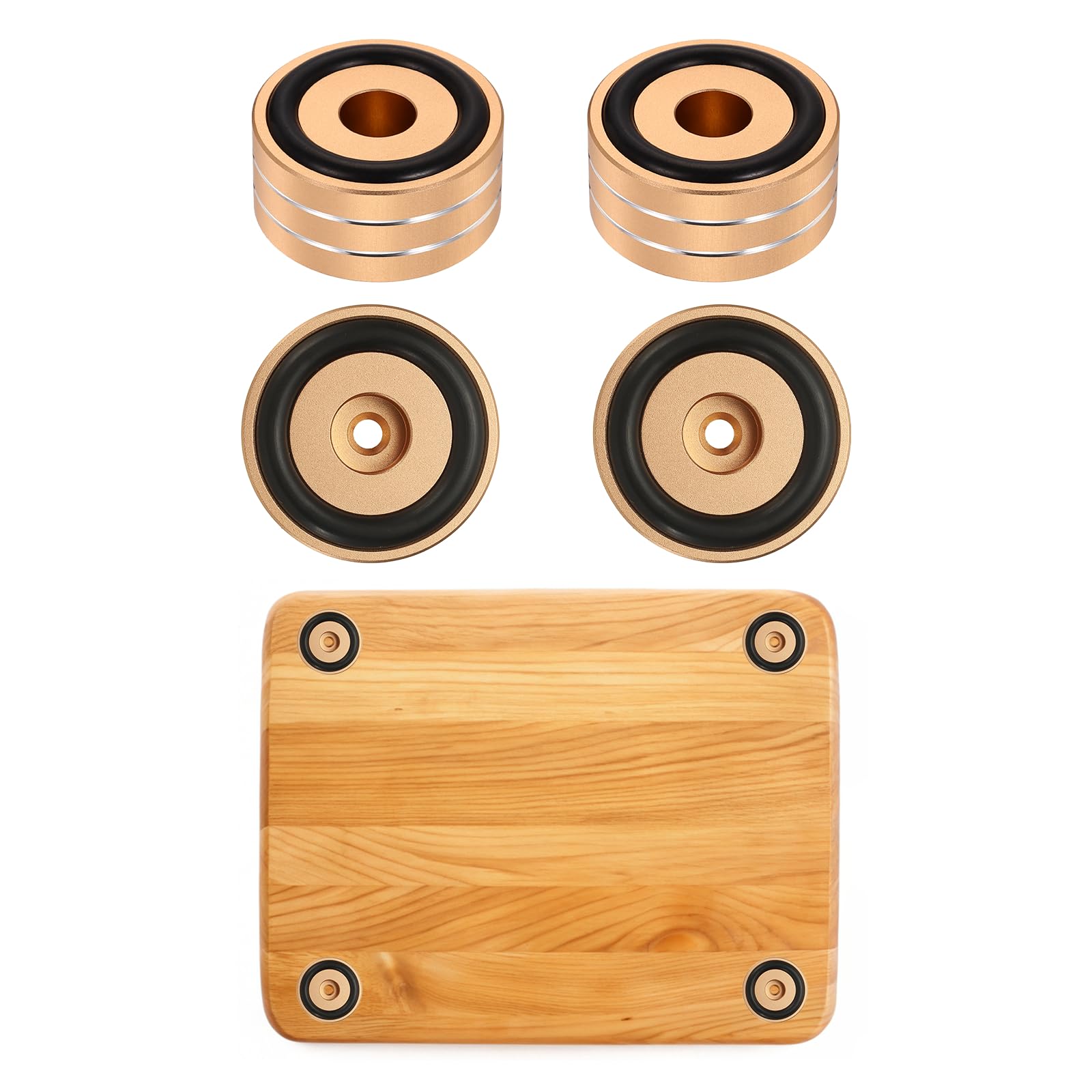 sourcing map 4Pcs Cutting Board Feet, 40x20mm Aluminum Alloy Speaker Stand Feet Anti Vibration Amplifier Foot with Silicone for Chopping Board Speaker Record, Gold/Dual Silver Line