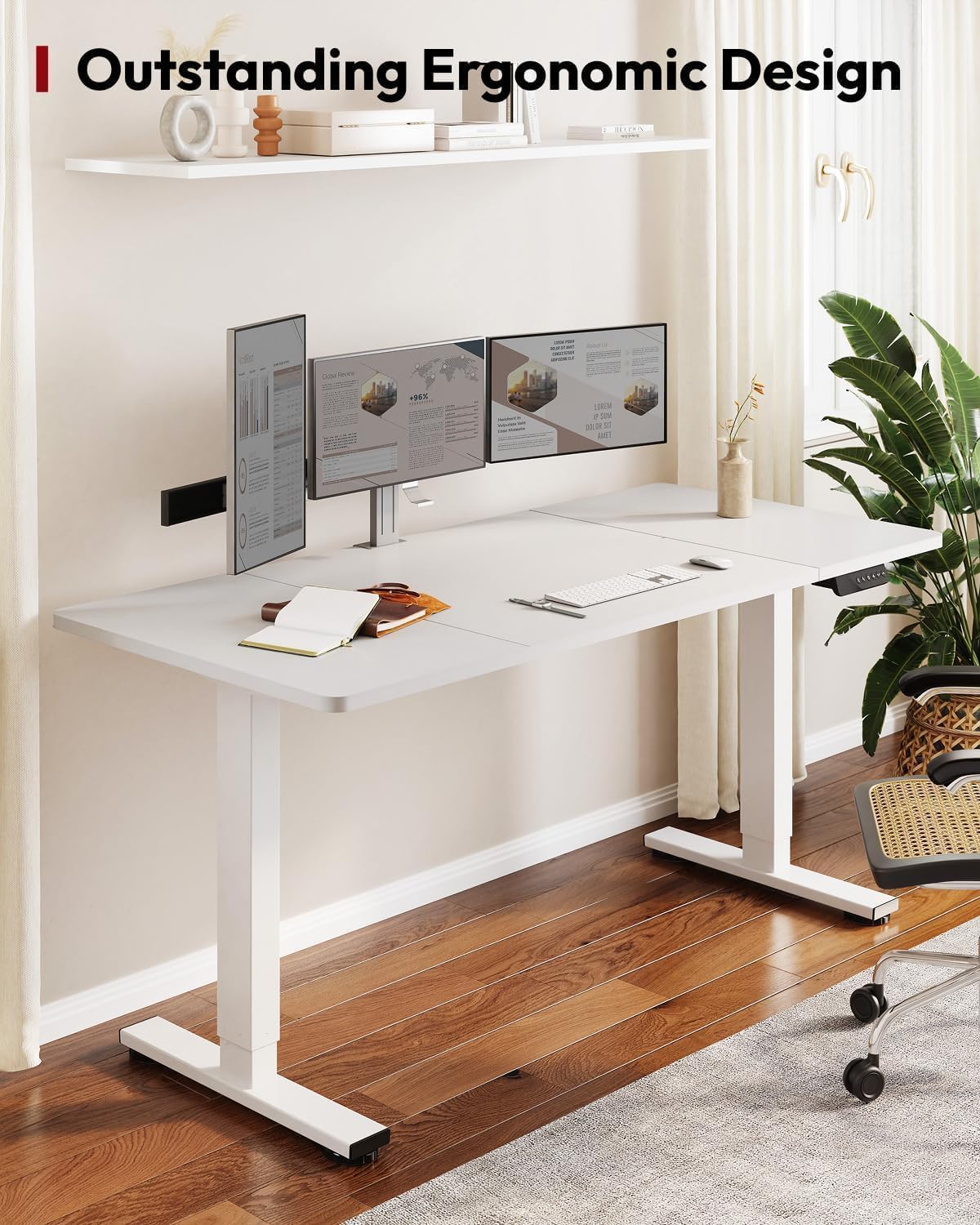 SANODESK Höhenverstellbarer Schreibtisch 200×80 cm – Elektrischer Sitz-Steh-Tisch mit Dualmotor, Großer Arbeitstisch für Büro & Home Office(weiß+weiß)