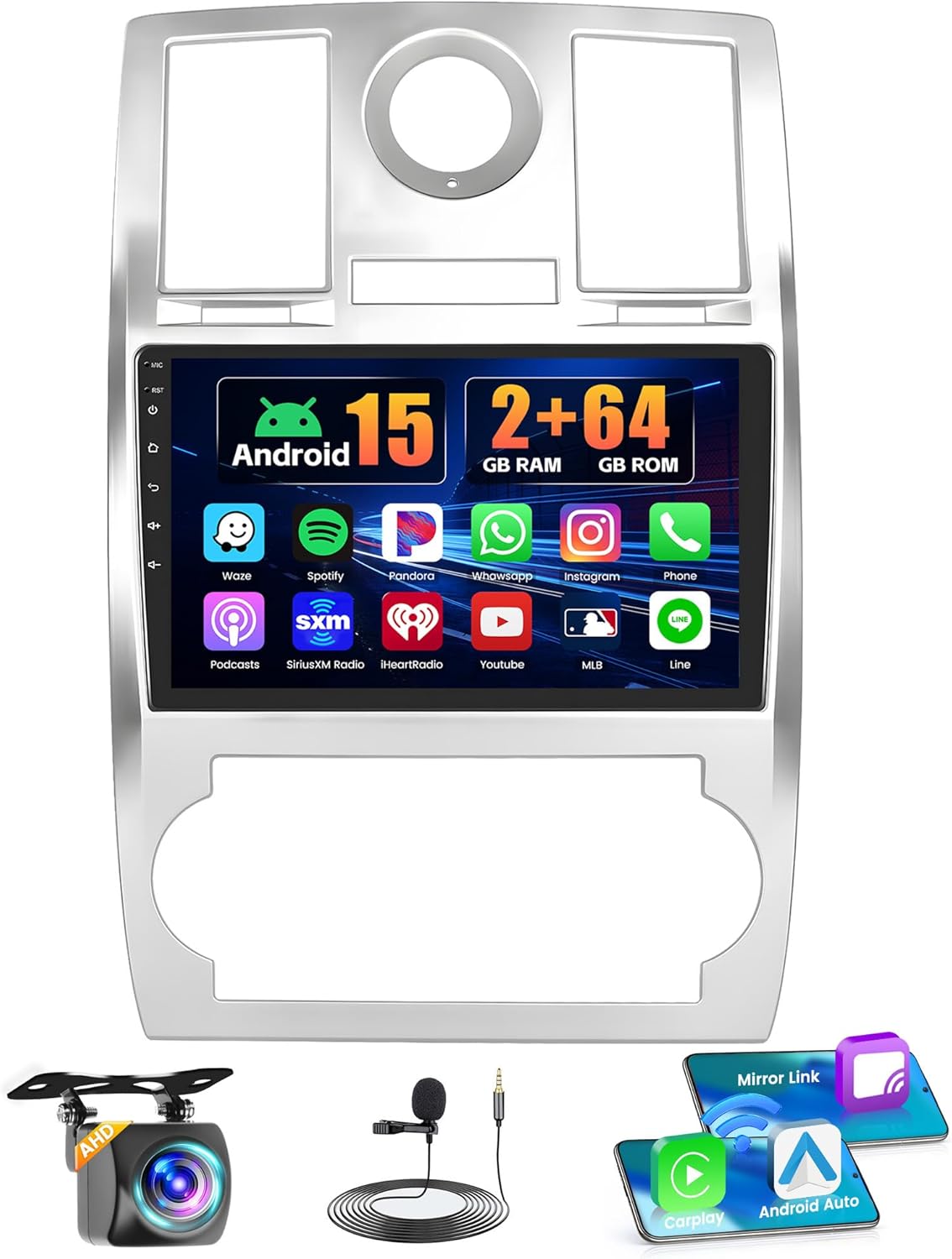 2+64G Android 15 Car Stereo for Chrysler 300 2005-2010 with Wireless CarPlay Android Auto, Realdio 9 Inch Touch Screen Radio for Chrysler 300 with Bluetooth, EQ, WiFi, GPS, 26UI, FM RDS Backup Camera