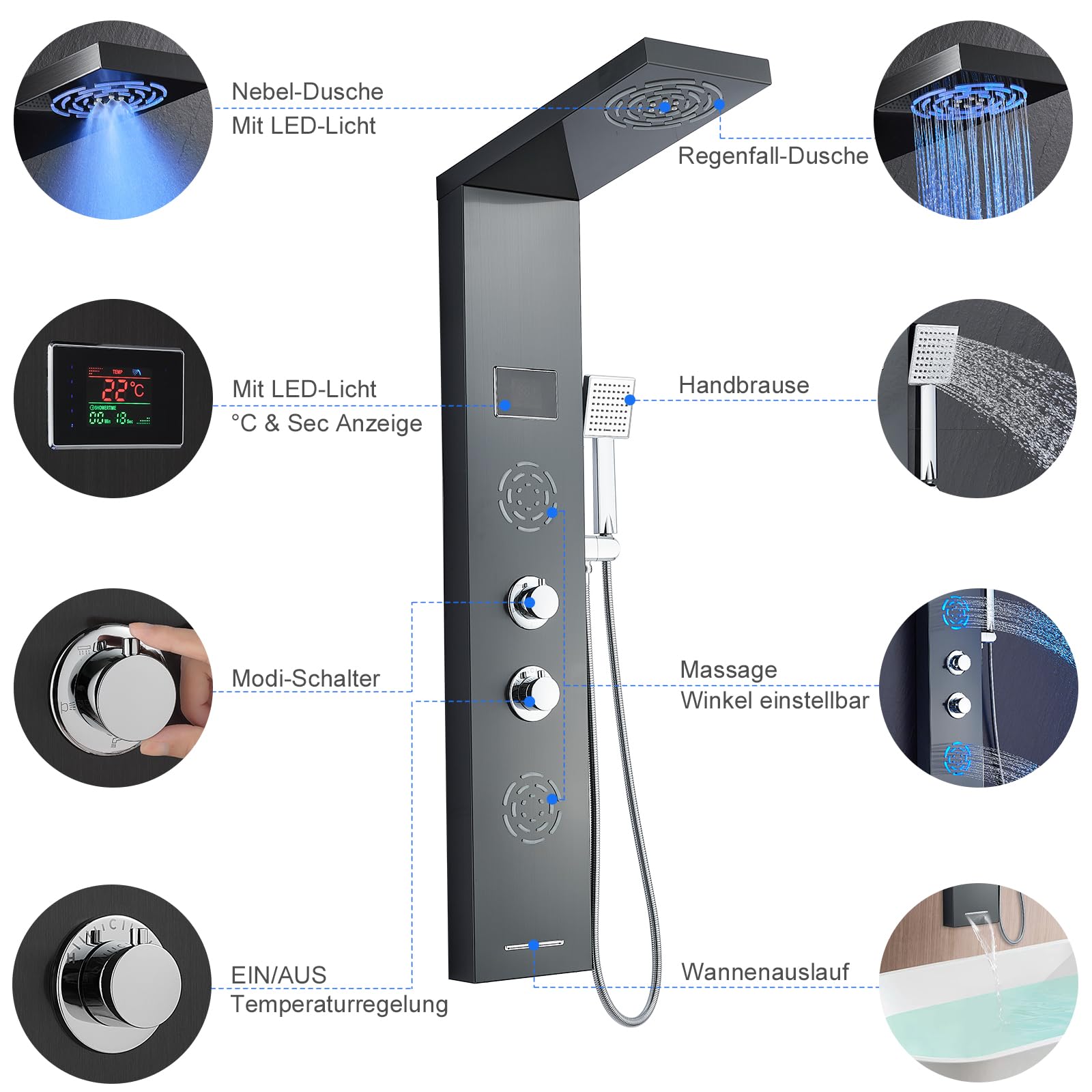Pannello doccia 5 in 1 con rubinetto senza batteria, set doccia LED tempo doccia e indicatore ℃, doccia a pioggia, doccia a LED, montaggio angolare, pannelli doccia nero, ottone e acciaio inox