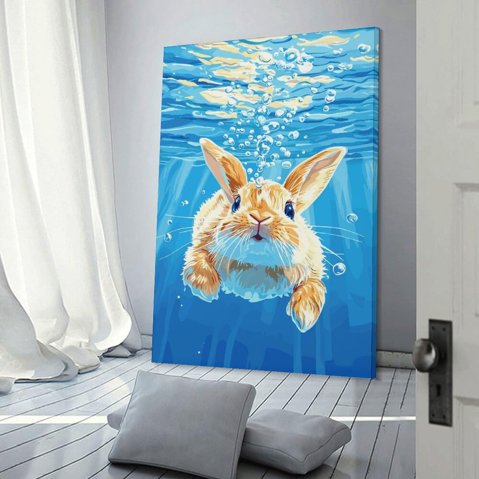 Junmoney Frame-Style-17 Underwater Rabbit Illustration Canvas Wall Art 08X12inch(20X30cm), For Workspace Walls, Study Corners Or Bedrooms, Wall Art That Adds Style To Work Areas