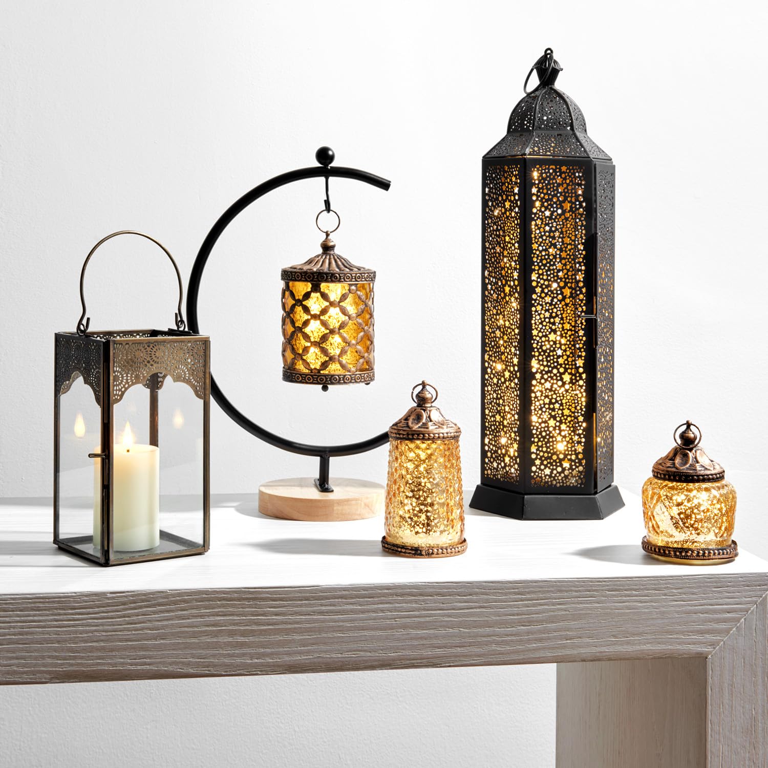 Snapklik.com : Gold Mercury Glass Lanterns - Set Of 4, Warm White LED