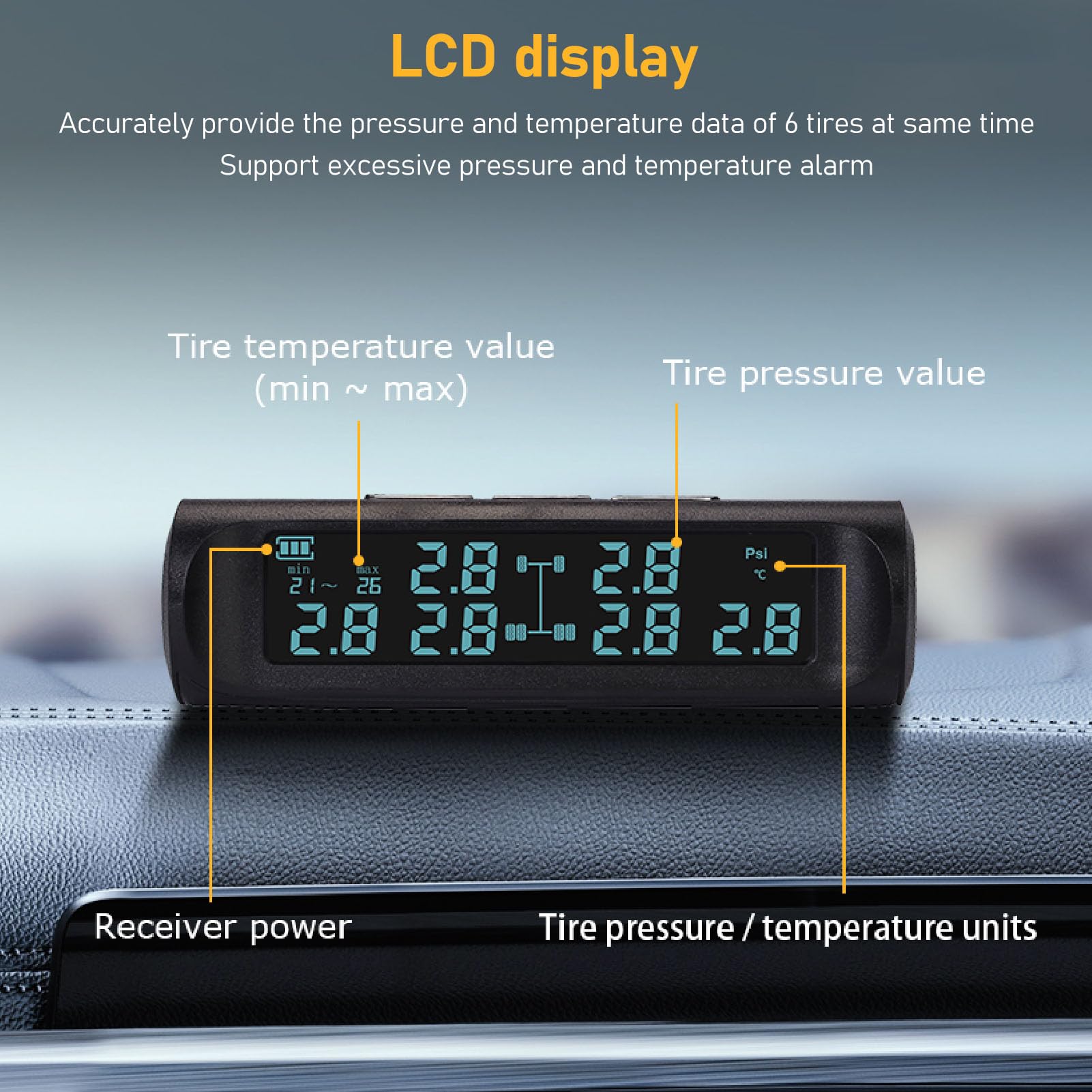 de Monitoreo de Presión de Neumáticos con 6 Sensores TPMS Externos, Pantalla LCD, Alarma de Presión Excesiva y Temperatura, Monitor Impermeable para RV, Remolque, Furgoneta