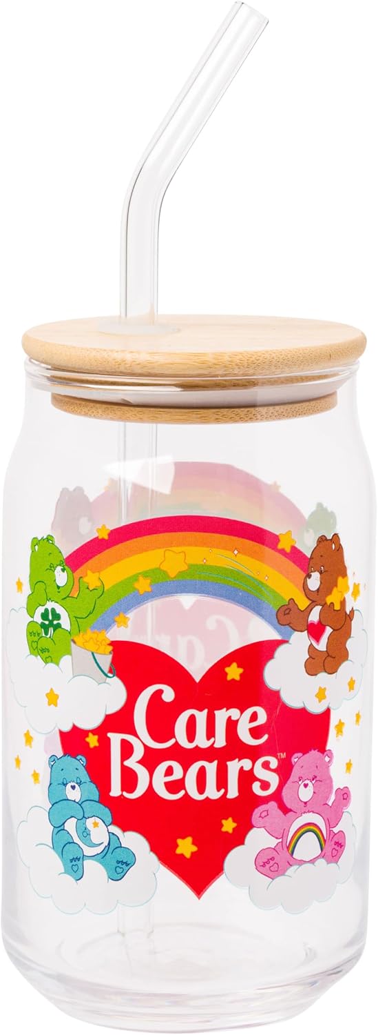 Silver Buffalo Care Bears Featuring Tenderheart, Cheer, Bedtime, Good Luck, Wish, Love-A-Lot, and Birthday Bear 2 Pack Glass Jar Tumbler with Bamboo Lid and Glass Straw, 16 Ounces
