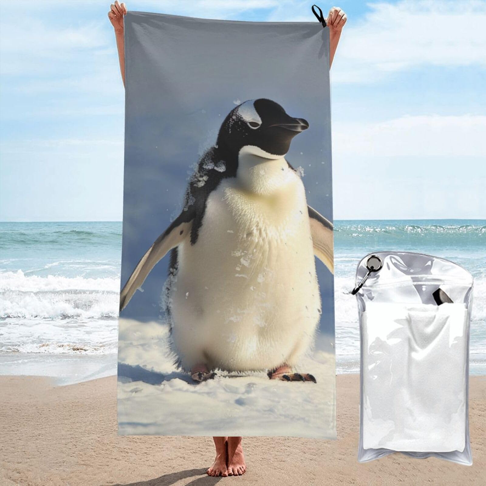 kkvhhyuo Microfiber Beach Towel, Cute Penguin Printed Lightweight Quick Dry Travel Bath Sheet with Compact Carry Bag for Swimming Yoga Camping Gym,31.5"x63"