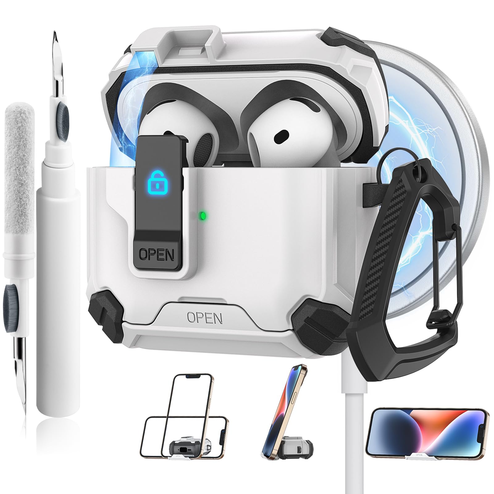 Meliya for AirPods 4 Case, Comes with Phone Holder and Magsafe Function, Automatic Pop-up Full Protection Hard Case with Secure Lock & Cleaner Kit &