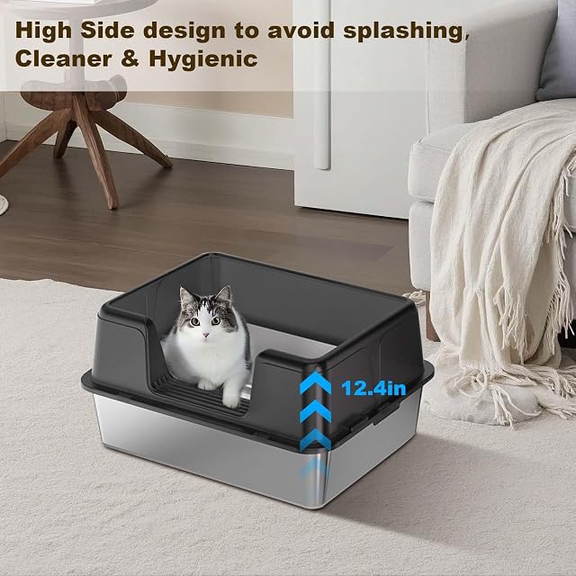 Foto 5 de 7 de GarveeMore Litiere para Gatos de Acero Inoxidable, XXL Bandeja para Gatos semicerrada, Caja de litera