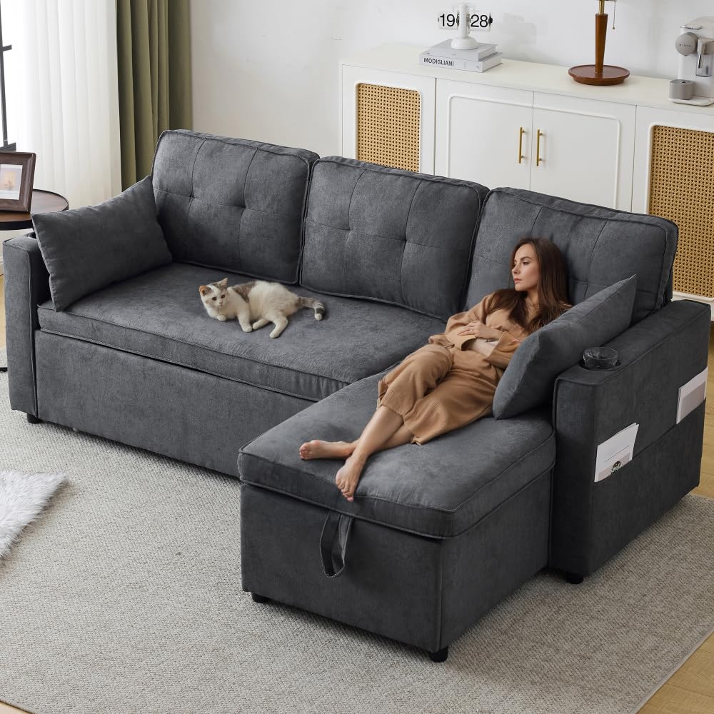 Sofá cama 3 plazas, sofá cama con función de sueño, sofá cama de una plaza y media en L, sillón salón con almacenamiento, con portavasos
