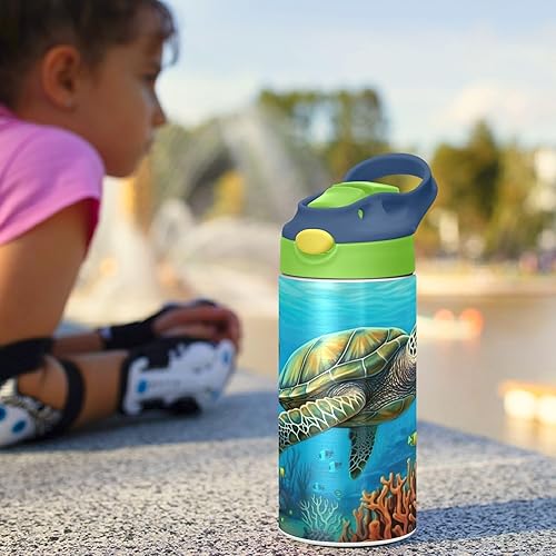 Miniatura 6 de Kigai Sea Turtle - Botella de agua para niños, botellas aisladas al vacío con tapa con popote, botellas de acero inoxidable a prueba de fugas para