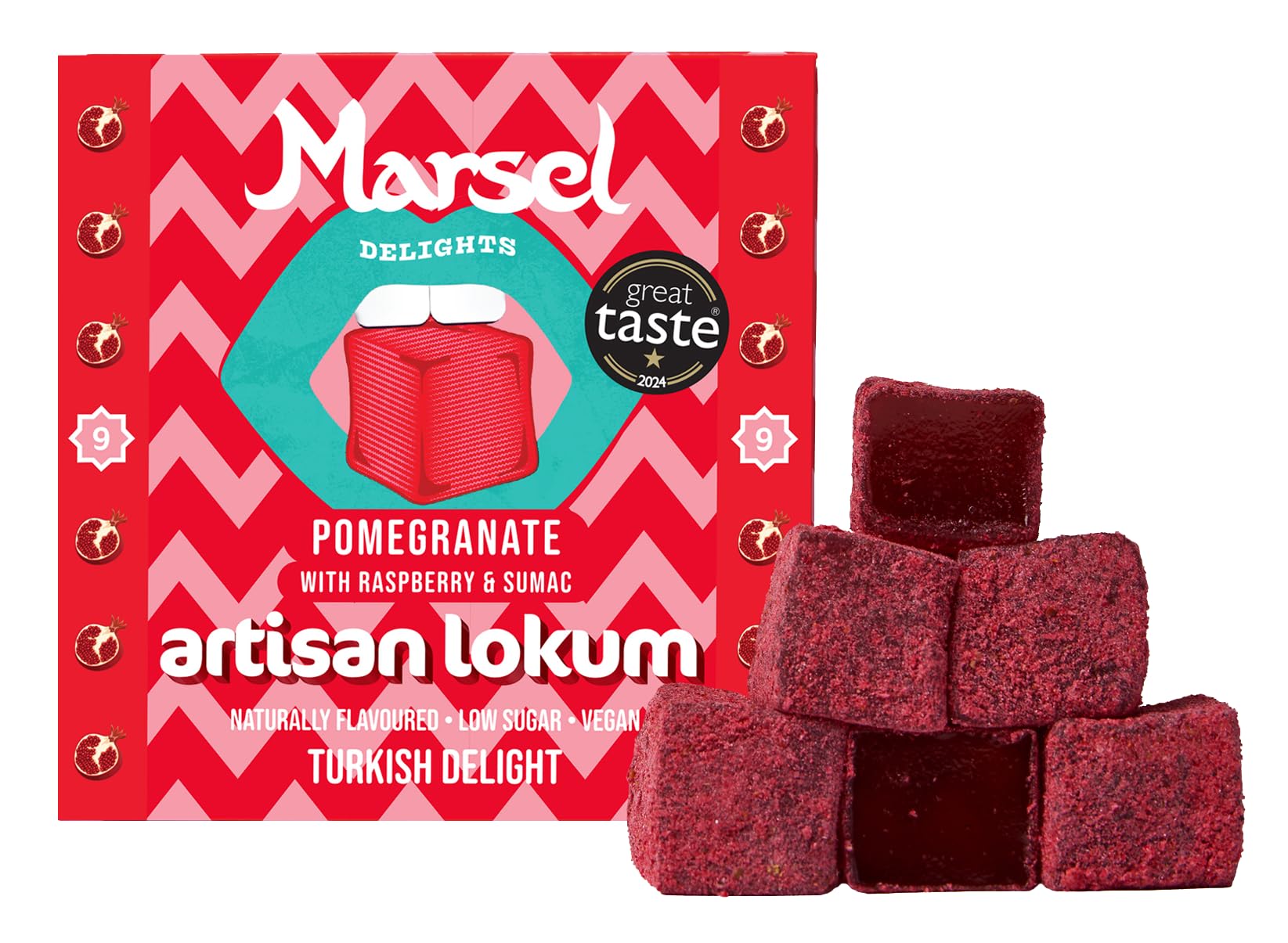 Marsel Delights, Artisan Turkish Delight - Naturally Flavored, Vegan, Gluten-free, No aromas or colorings (Pomegranate)